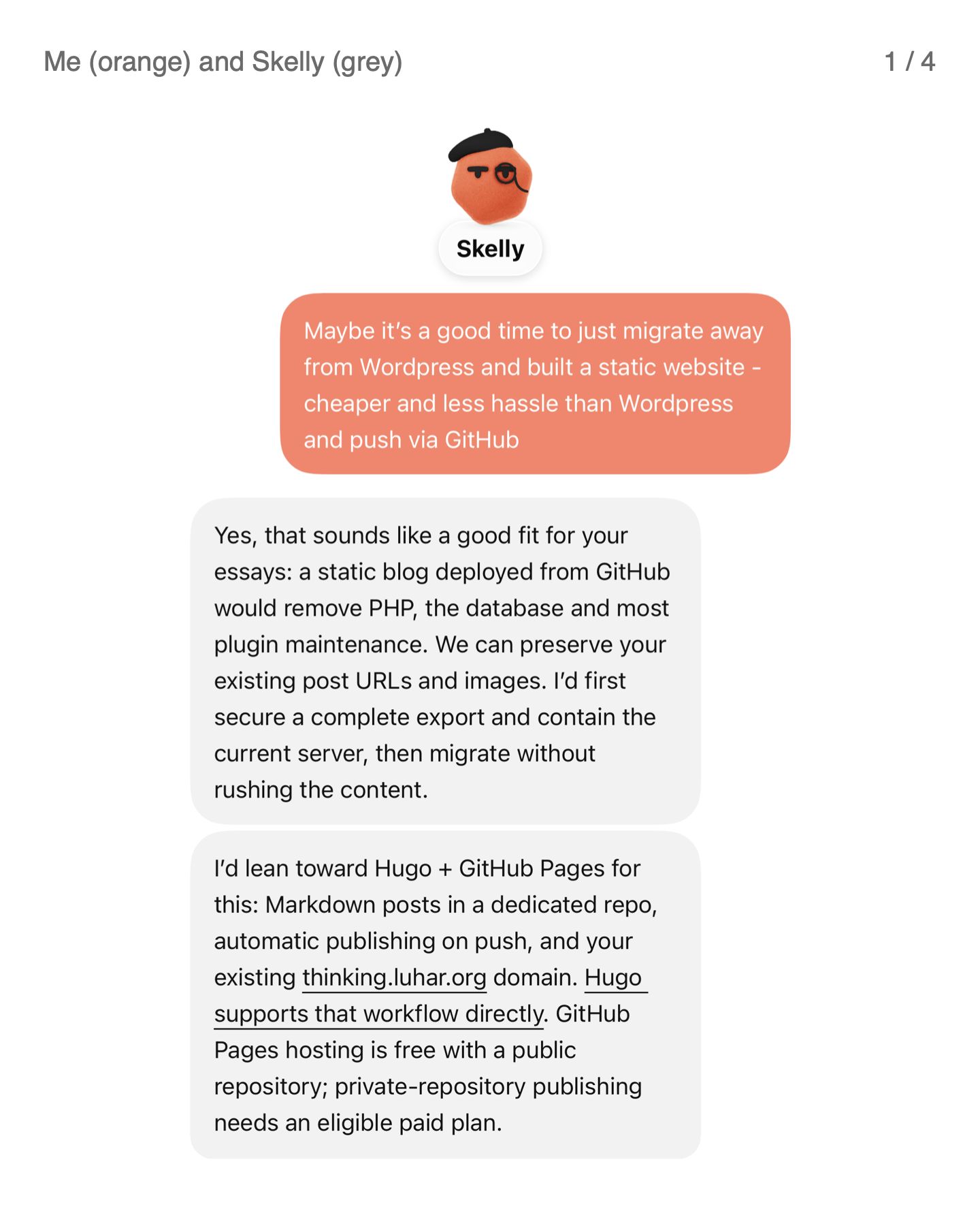 Conversation with Skelly about replacing WordPress with a static website, preserving post URLs and images, and considering Hugo and GitHub Pages.