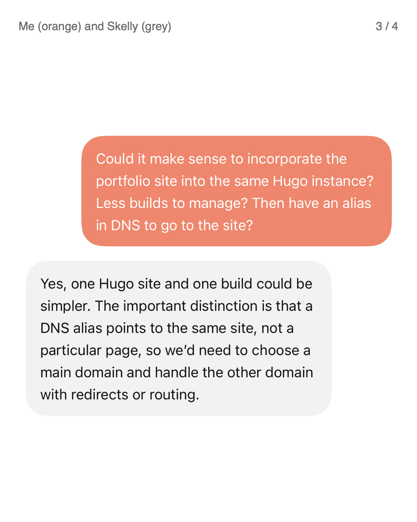 Conversation about combining the portfolio and blog in one Hugo site and using redirects for the other domain.