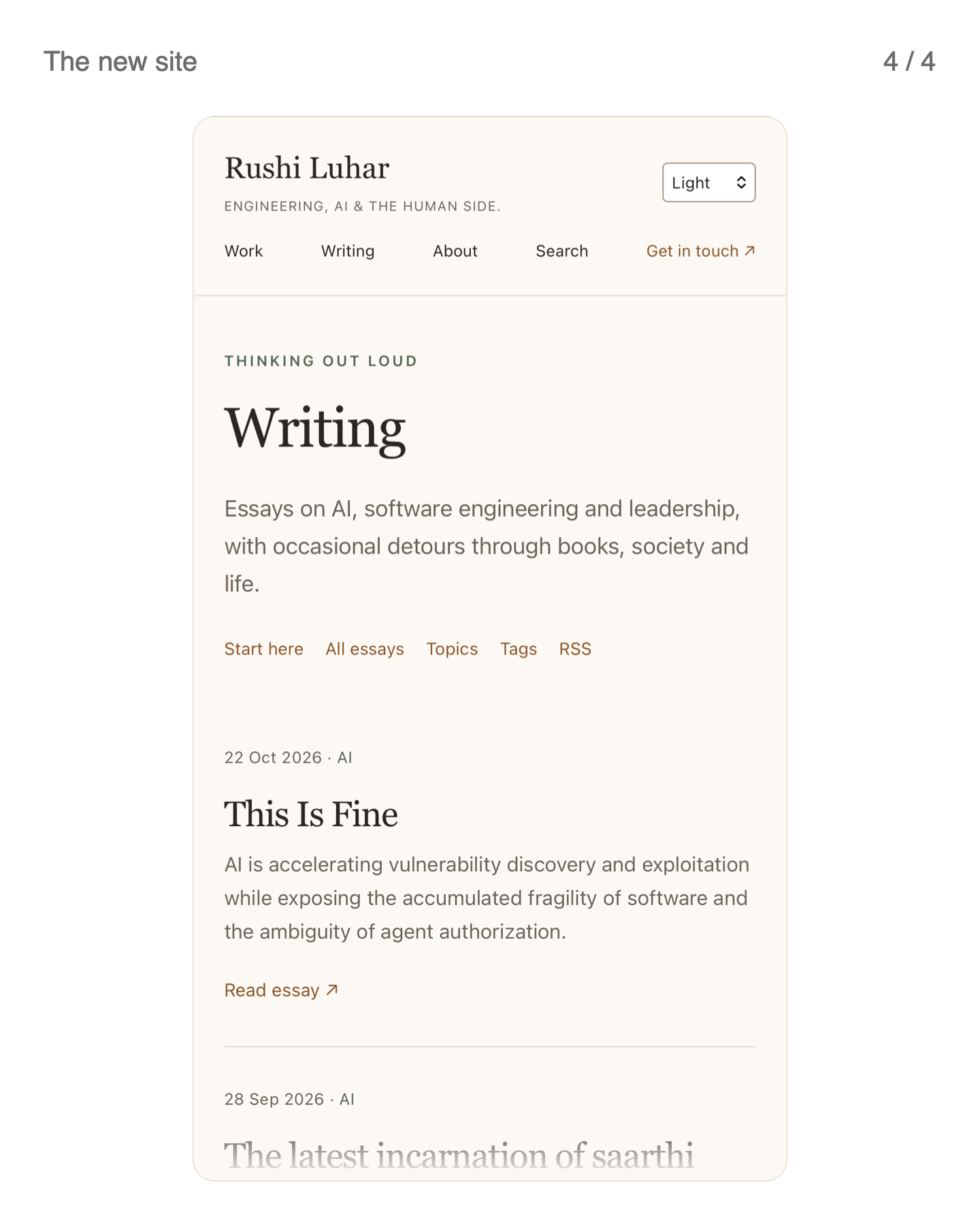 Screenshot of the new Rushi Luhar writing page, showing the This Is Fine essay and site navigation.