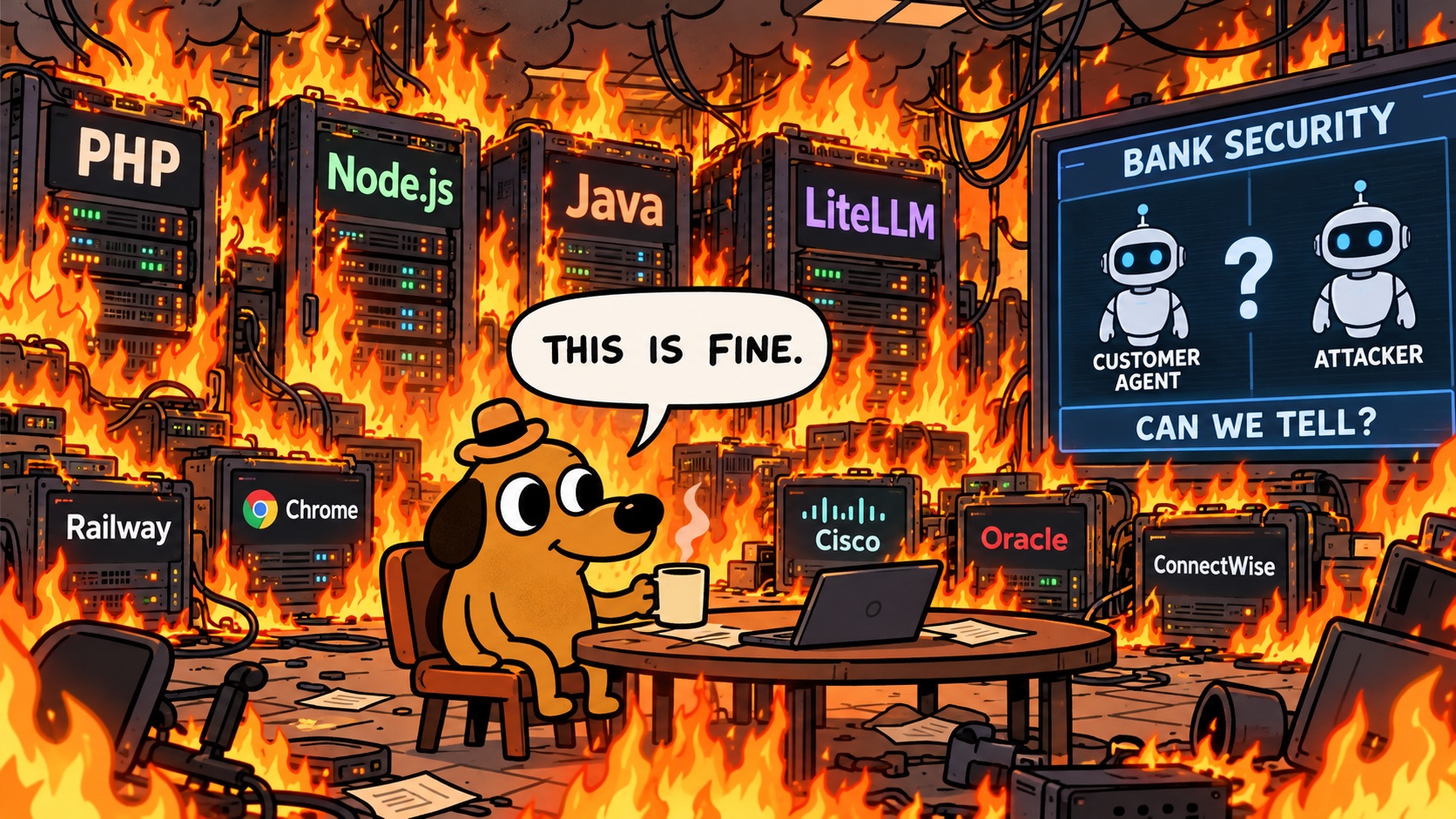 A dog says “This is fine” in a burning server room labeled PHP, Node.js, Java, LiteLLM, Railway, Chrome, Cisco, Oracle and ConnectWise; a bank-security screen asks whether a customer agent can be distinguished from an attacker.