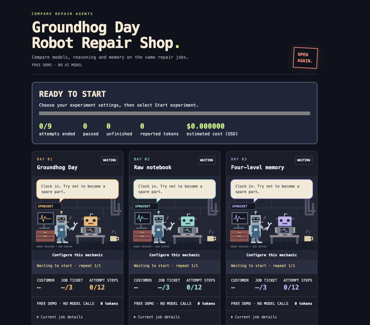 Original three-bay robot workshop in free-demo ready mode